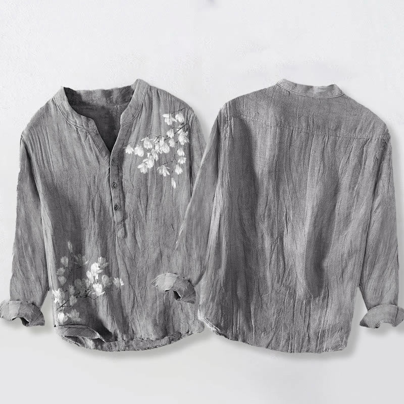 Buddha Stones、マグノリアの花、枝柄、ハーフボタン、メンズコットンリネン長袖シャツ - image 2