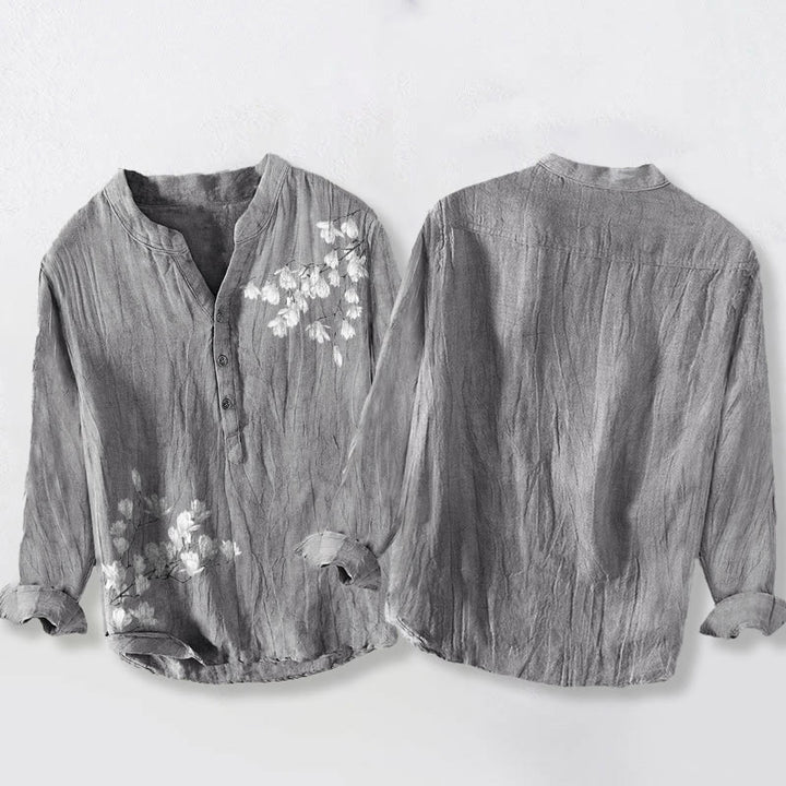 Buddha Stones、マグノリアの花、枝柄、ハーフボタン、メンズコットンリネン長袖シャツ - image 2