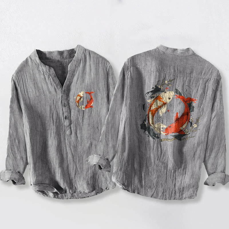 Buddha Stones赤白鯉鯉陰陽ボタン メンズ コットンリネン 長袖シャツ - グレー - US/UK/AU50、EU60 (5XL) - image 3