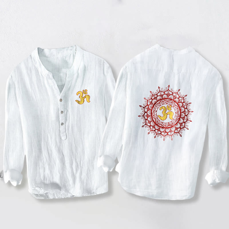 Buddha StonesOMシンボル 曼荼羅柄 ハーフボタン メンズ コットンリネン 長袖シャツ - 白 - US/UK/AU50、EU60 (5XL) - image 0