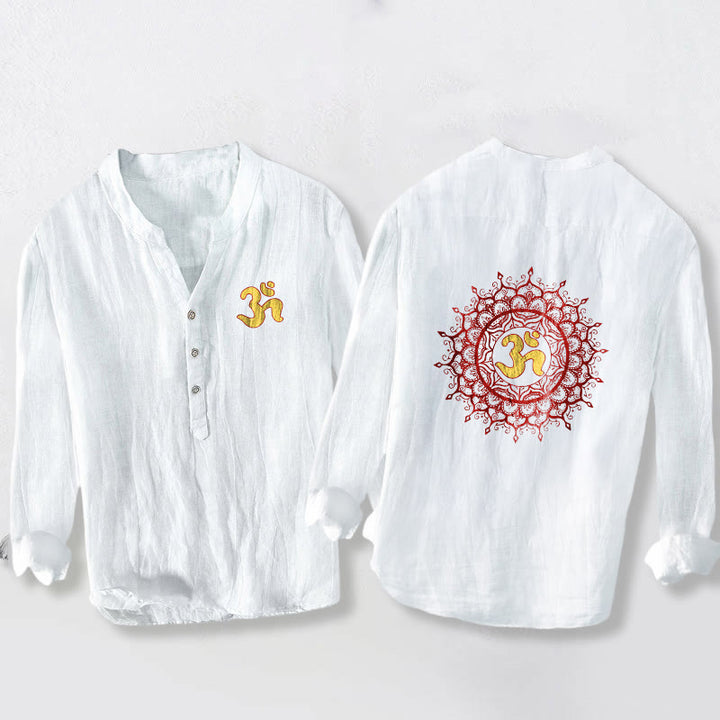 Buddha StonesOMシンボル 曼荼羅柄 ハーフボタン メンズ コットンリネン 長袖シャツ - 白 - US/UK/AU50、EU60 (5XL) - image 0