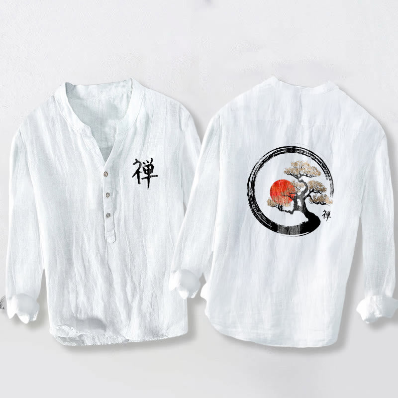 Buddha Stones、禅のキャラクター、松の木、太陽の模様。ハーフボタンのメンズコットンリネン長袖シャツ。 - 白 - US/UK/AU50、EU60 (5XL) - image 6