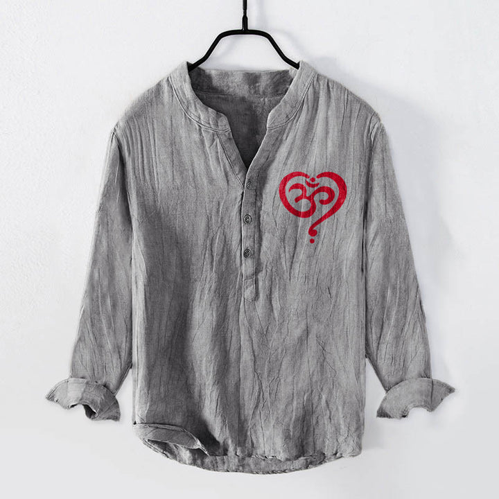 Buddha Stonesハート型OMシンボル柄ハーフボタンメンズコットンリネン長袖シャツ - グレー - US/UK/AU50、EU60 (5XL) - image 3
