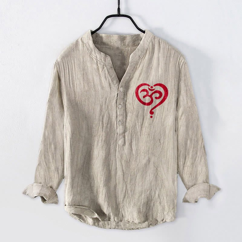 Buddha Stonesハート型OMシンボル柄ハーフボタンメンズコットンリネン長袖シャツ - リネン - US/UK/AU50、EU60 (5XL) - image 0