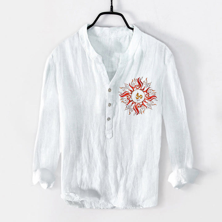 Buddha Stonesと太陽の形をしたOMシンボル柄のハーフボタンメンズコットンリネン長袖シャツ - 白 - US/UK/AU50、EU60 (5XL) - image 6