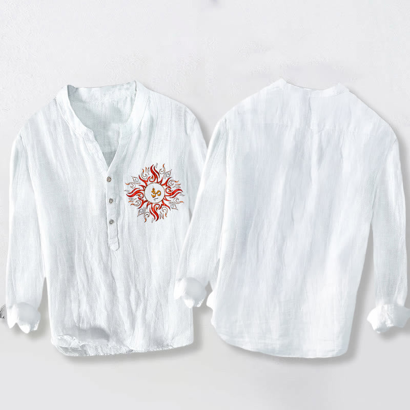 Buddha Stonesと太陽の形をしたOMシンボル柄のハーフボタンメンズコットンリネン長袖シャツ - image 8