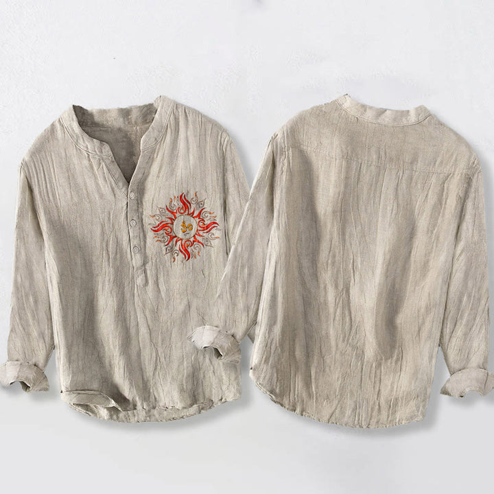 Buddha Stonesと太陽の形をしたOMシンボル柄のハーフボタンメンズコットンリネン長袖シャツ - image 2