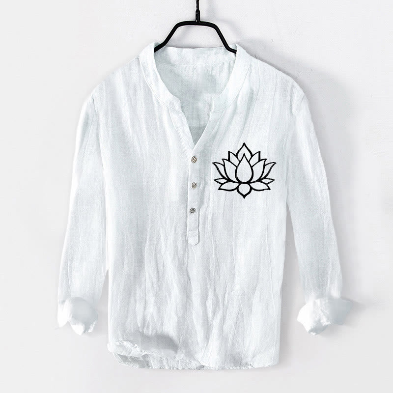 Buddha Stones線画蓮の花柄ハーフボタンメンズコットンリネン長袖シャツ - 白 - US/UK/AU50、EU60 (5XL) - image 6