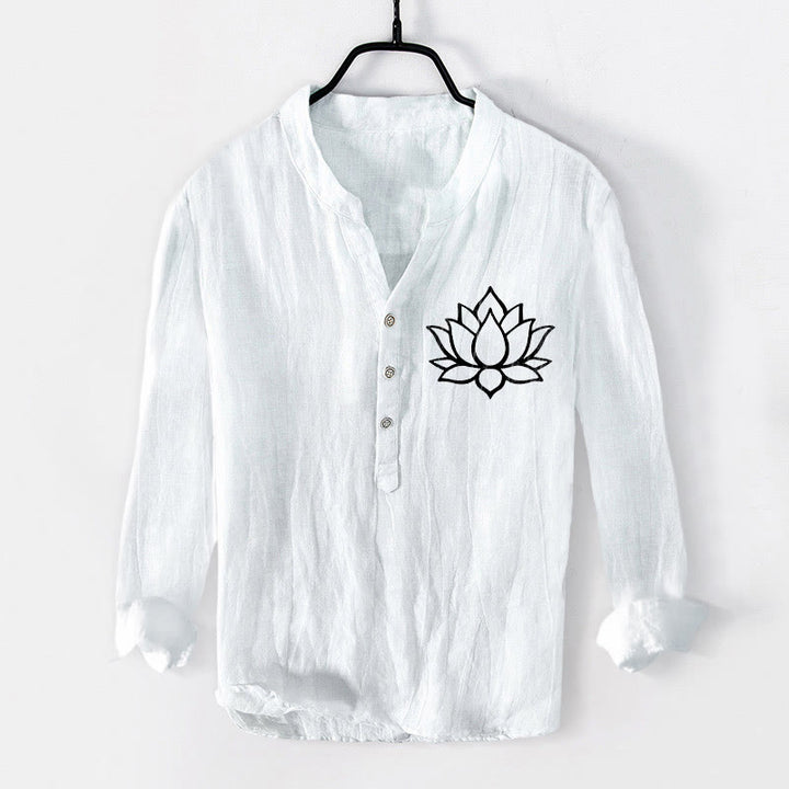 Buddha Stones線画蓮の花柄ハーフボタンメンズコットンリネン長袖シャツ - 白 - US/UK/AU50、EU60 (5XL) - image 6