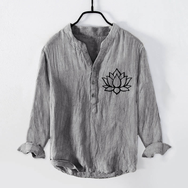 Buddha Stones線画蓮の花柄ハーフボタンメンズコットンリネン長袖シャツ - グレー - US/UK/AU50、EU60 (5XL) - image 0