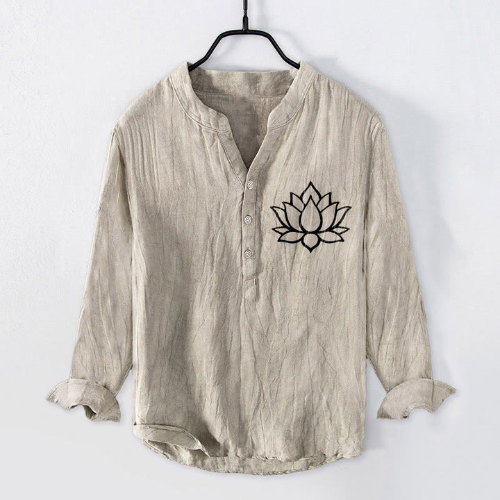 Buddha Stones線画蓮の花柄ハーフボタンメンズコットンリネン長袖シャツ - リネン - US/UK/AU50、EU60 (5XL) - image 3