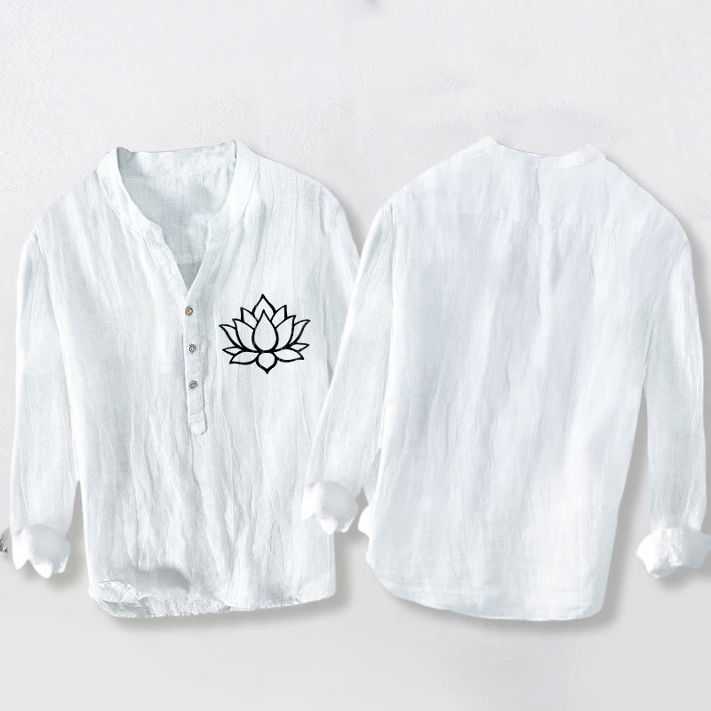 Buddha Stones線画蓮の花柄ハーフボタンメンズコットンリネン長袖シャツ - image 8