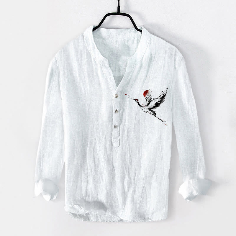 Buddha Stonesと飛鶴の太陽柄 半ボタン メンズ コットンリネン 長袖シャツ - 白 - US/UK/AU50、EU60 (5XL) - image 6