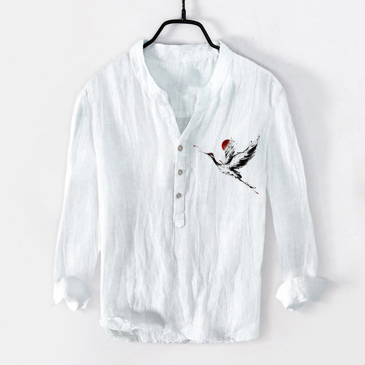 Buddha Stonesと飛鶴の太陽柄 半ボタン メンズ コットンリネン 長袖シャツ - 白 - US/UK/AU50、EU60 (5XL) - image 6