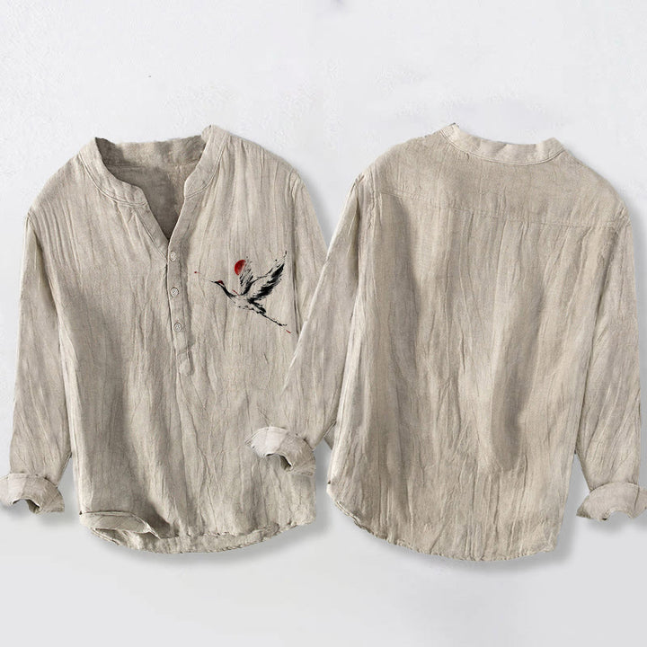 Buddha Stonesと飛鶴の太陽柄 半ボタン メンズ コットンリネン 長袖シャツ - image 2