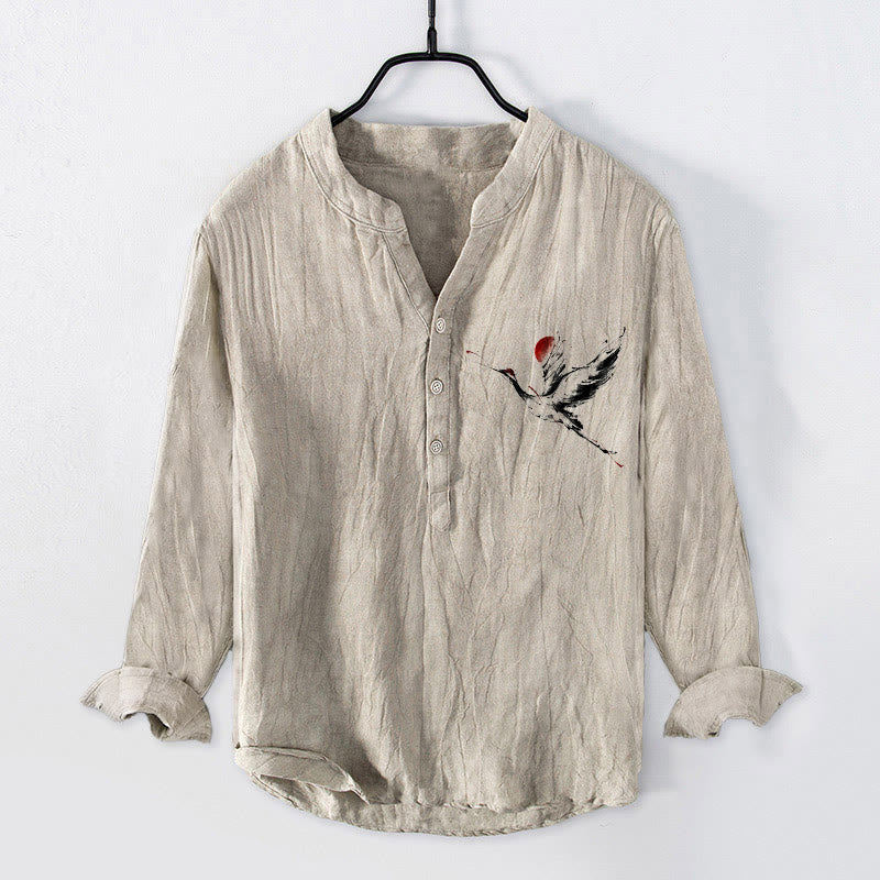 Buddha Stonesと飛鶴の太陽柄 半ボタン メンズ コットンリネン 長袖シャツ - リネン - US/UK/AU50、EU60 (5XL) - image 0