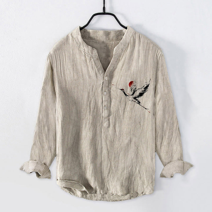 Buddha Stonesと飛鶴の太陽柄 半ボタン メンズ コットンリネン 長袖シャツ - リネン - US/UK/AU50、EU60 (5XL) - image 0