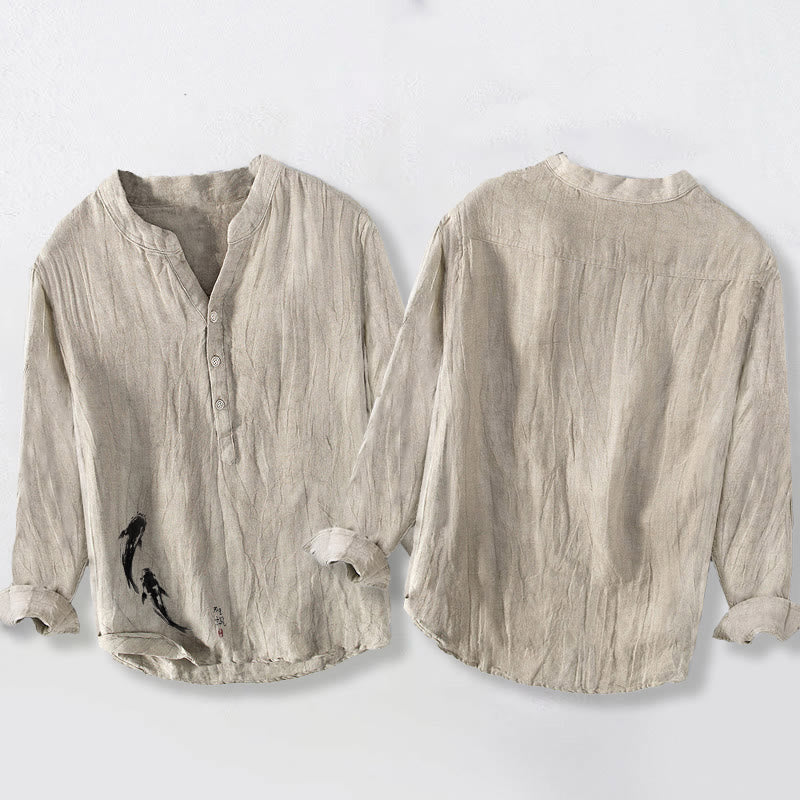 Buddha Stones鯉模様 ハーフボタン メンズ コットンリネン 長袖シャツ - image 2