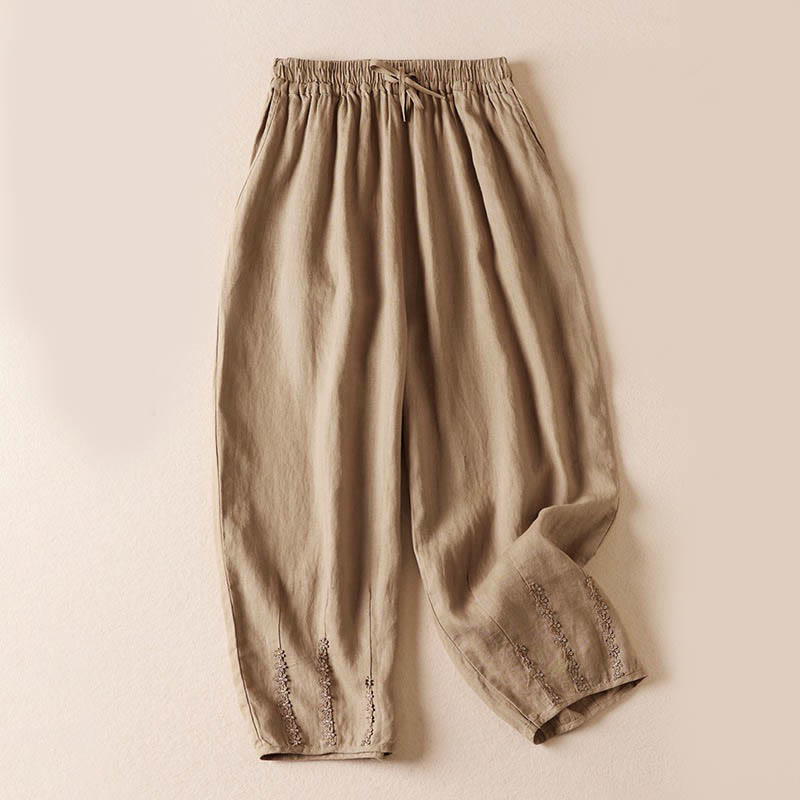 レディース ハーレムパンツ スモールフラワー刺繍 コットンリネン ポケット付き 夏用 Buddha Stones - 小麦 - US8-10，UK/AU12-14，EU40-42 (2XL) - image 0