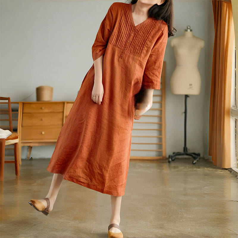 Buddha Stonesカジュアル 無地 アコーディオンプリーツ Vネック ハーフスリーブデザイン ミディドレス ポケット付き - image 7