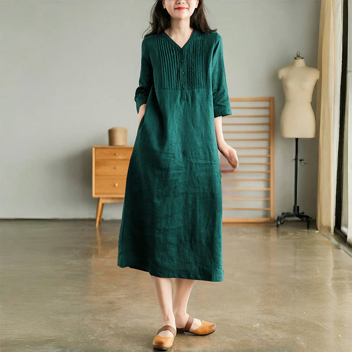 Buddha Stonesカジュアル 無地 アコーディオンプリーツ Vネック ハーフスリーブデザイン ミディドレス ポケット付き - ティール - US12、 UK/AU16、 EU44 (3XL) - image 0