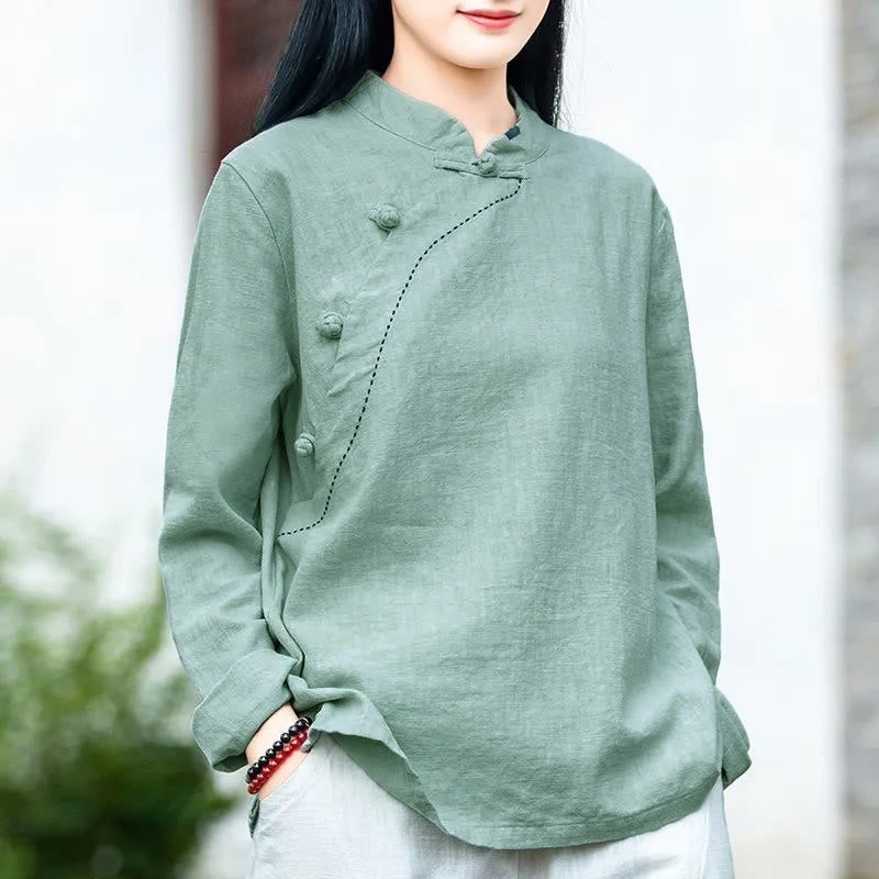 Buddha Stones斜め襟結びボタンゆったりリネン服 - ペールターコイズ - US12、 UK/AU16、EU44 (4XL) - image 0