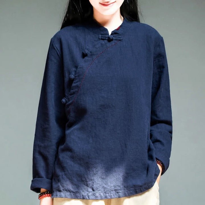 Buddha Stones斜め襟結びボタンゆったりリネン服 - ミッドナイトブルー - US12、 UK/AU16、EU44 (4XL) - image 12