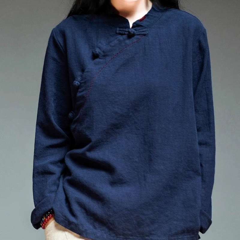 Buddha Stones斜め襟結びボタンゆったりリネン服 - image 13