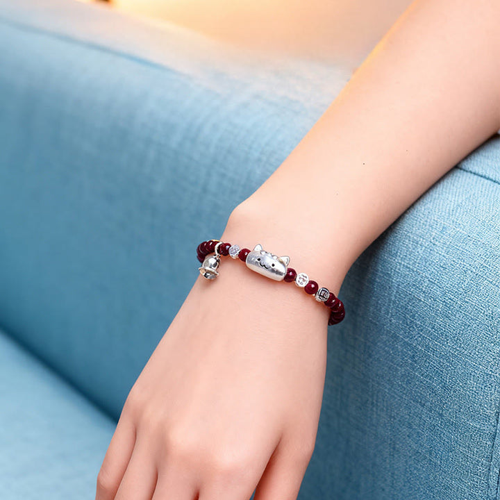 Buddha Stones 999スターリングシルバー 天然猫の頭モチーフガーネットプロテクションビーズブレスレット - image 8