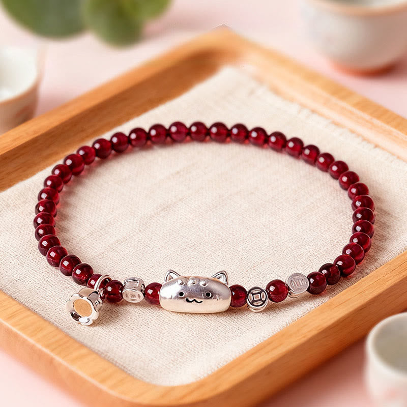 Buddha Stones 999スターリングシルバー 天然猫の頭モチーフガーネットプロテクションビーズブレスレット - 4mmガーネット（手首周り：13～15cm） - image 0