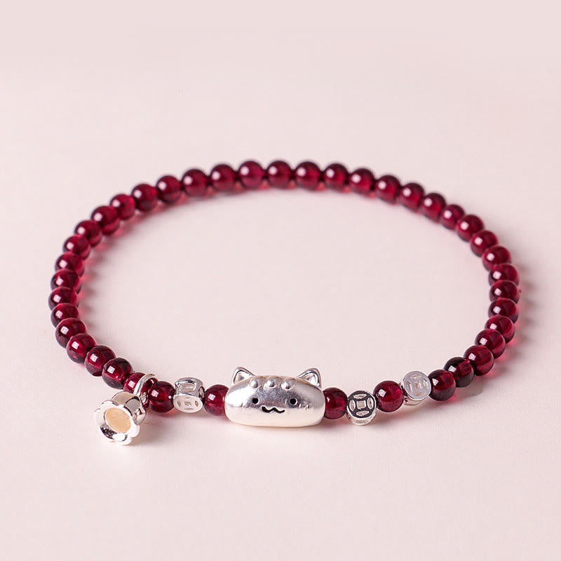 Buddha Stones 999スターリングシルバー 天然猫の頭モチーフガーネットプロテクションビーズブレスレット - image 1
