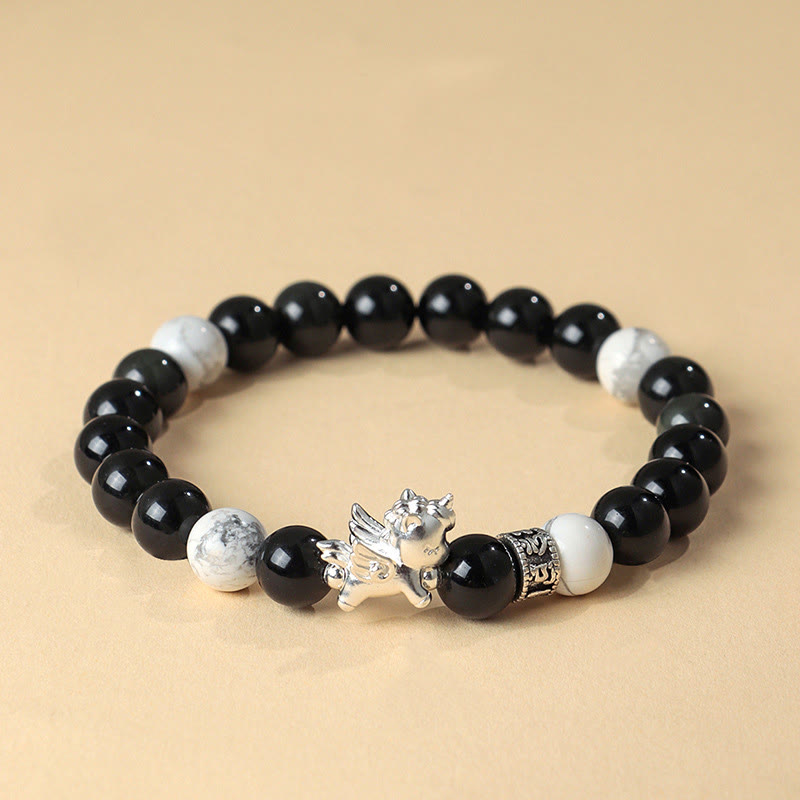 Buddha Stones999スターリングシルバー 馬年 天然黒曜石 菩提樹の強さブレスレット - 黒曜石（手首周り：13～15cm） - image 0