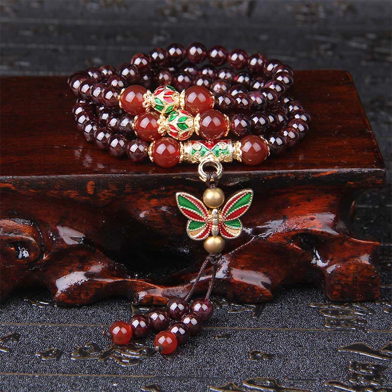 Buddha Stones天然ガーネット 赤瑪瑙 カラフル蝶 浄化 静寂 多層ブレスレット - image 1