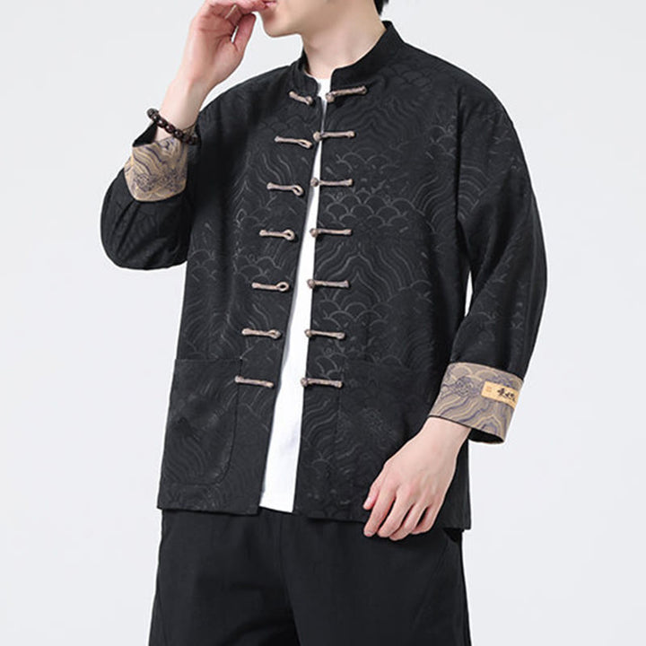 Buddha Stonesフロッグボタンマウンテンウェーブ柄 長袖 メンズ コットンジャケット ポケット付き - image 13