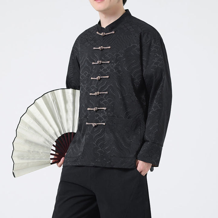 Buddha Stonesフロッグボタンマウンテンウェーブ柄 長袖 メンズ コットンジャケット ポケット付き - 黒 - US/UK/AU46、 EU56 (5XL) - image 9