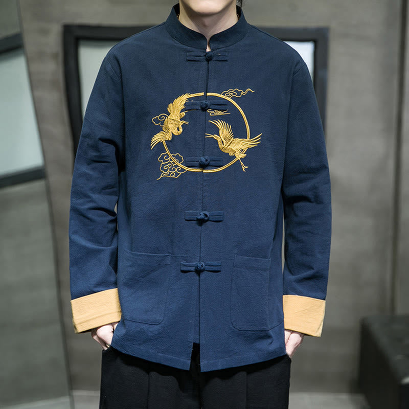 Buddha Stones刺繍鶴柄カエルボタンメンズコットン長袖ジャケットポケット付き - ダークブルー - US/UK/AU46、 EU56 (5XL) - image 29