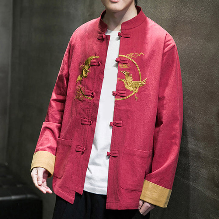 Buddha Stones刺繍鶴柄カエルボタンメンズコットン長袖ジャケットポケット付き - image 5