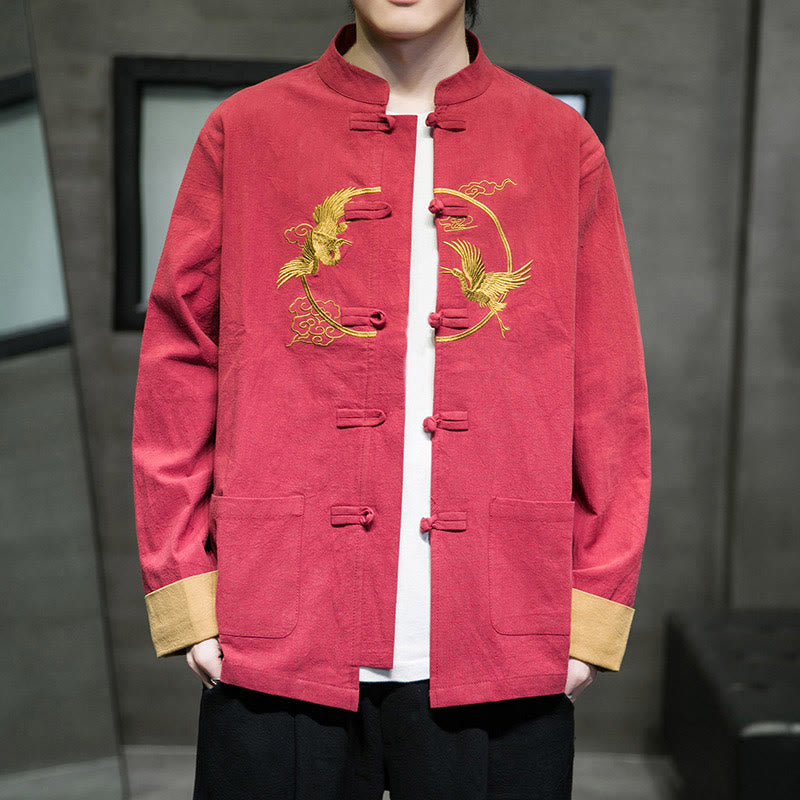 Buddha Stones刺繍鶴柄カエルボタンメンズコットン長袖ジャケットポケット付き - image 3