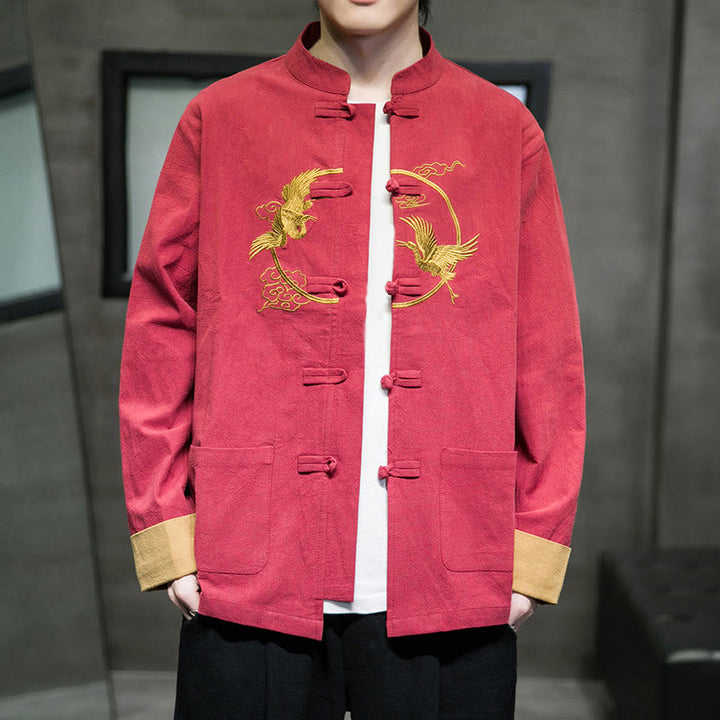 Buddha Stones刺繍鶴柄カエルボタンメンズコットン長袖ジャケットポケット付き - image 3