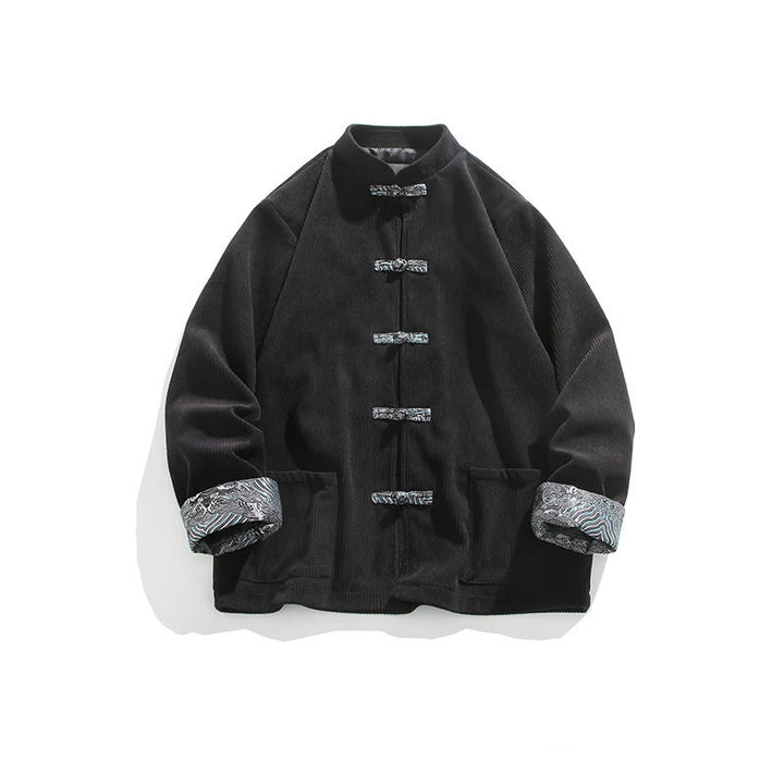 Buddha Stonesスプリング ジャカード フロッグボタン メンズ コットン コーデュロイ 長袖 ジャケット ポケット付き - 黒 - US/UK/AU46、 EU56 (5XL) - image 10