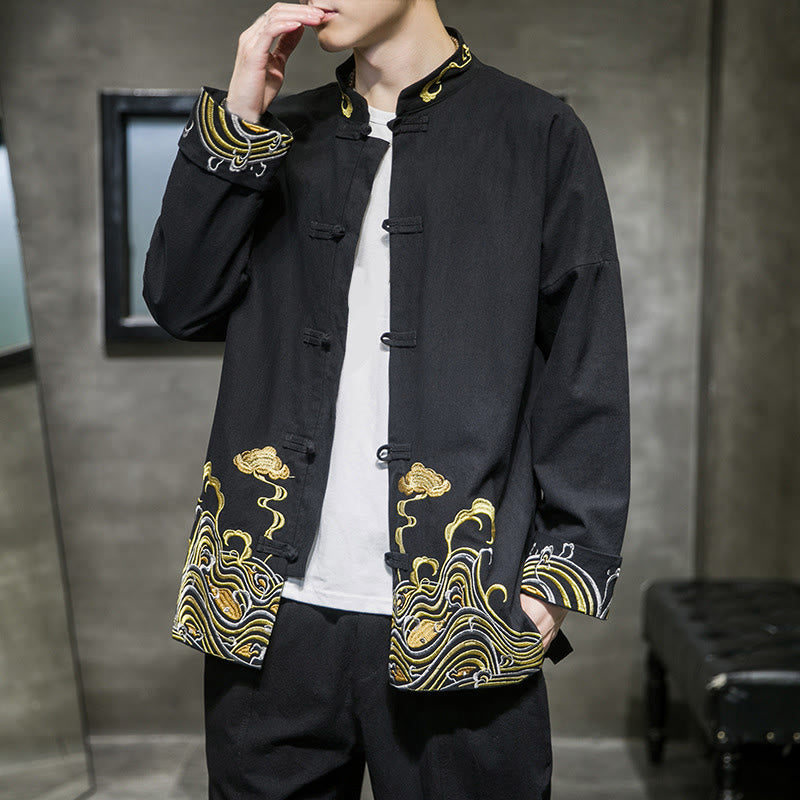 Buddha Stones刺繍雲カエルボタン長袖メンズコットンタンスーツジャケット - image 10