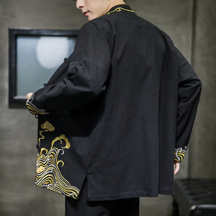 Buddha Stones刺繍雲カエルボタン長袖メンズコットンタンスーツジャケット - image 13