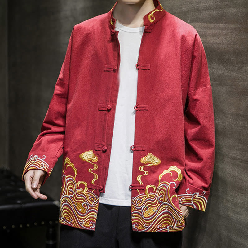 Buddha Stones刺繍雲カエルボタン長袖メンズコットンタンスーツジャケット - image 7