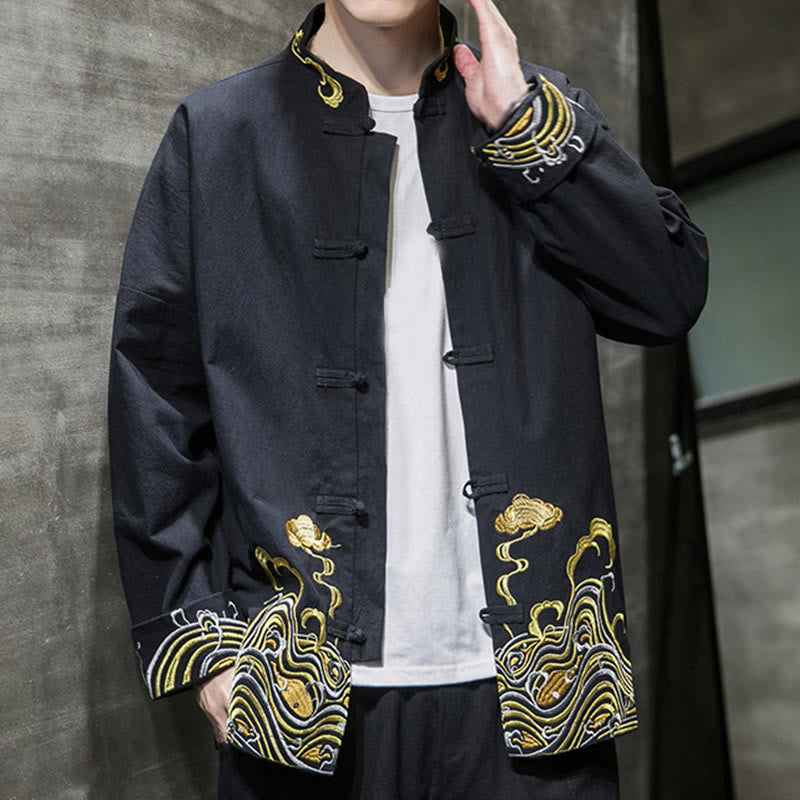 Buddha Stones刺繍雲カエルボタン長袖メンズコットンタンスーツジャケット - image 16