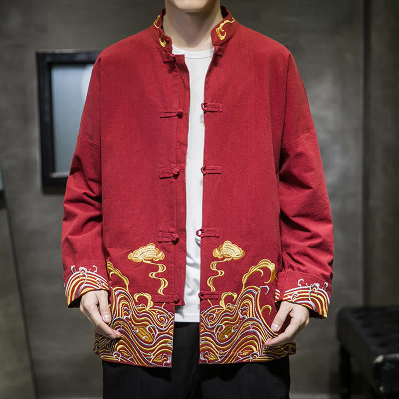 Buddha Stones刺繍雲カエルボタン長袖メンズコットンタンスーツジャケット - image 3