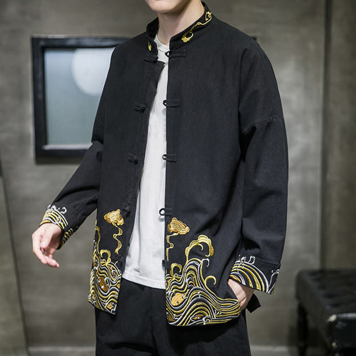 Buddha Stones刺繍雲カエルボタン長袖メンズコットンタンスーツジャケット - image 12