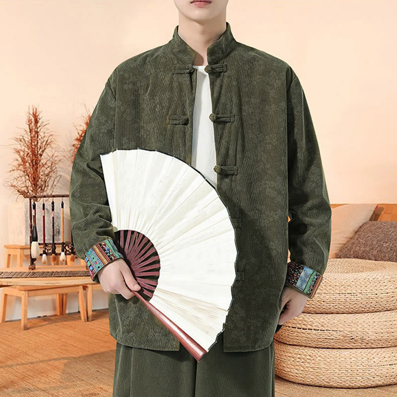 Buddha Stones無地 梅花柄 長袖 メンズ コットン コーデュロイ タンスーツ ジャケット - image 3