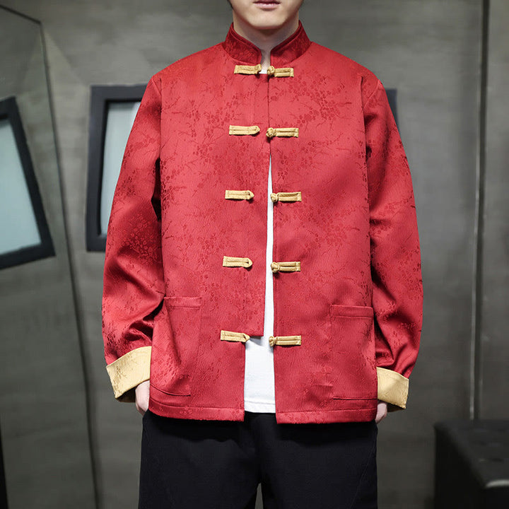 Buddha Stonesジャカード スタンドカラー 長袖 メンズ コットンジャケット ポケット付き - クリムゾン - US/UK/AU46、 EU56 (5XL) - image 0