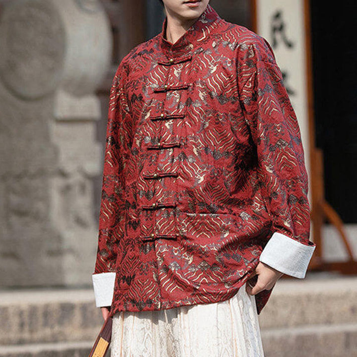 Buddha Stonesプリント花柄メンズボタンデザイン長袖シャツ（ポケット付き） - image 4