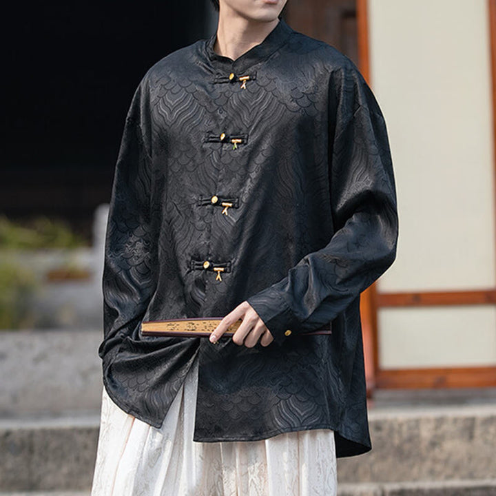 Buddha Stones中国風 カエルボタン 竹模様 スタンドカラー メンズ 長袖シャツ - 黒 - US/UK/AU46、 EU56 (5XL) - image 10